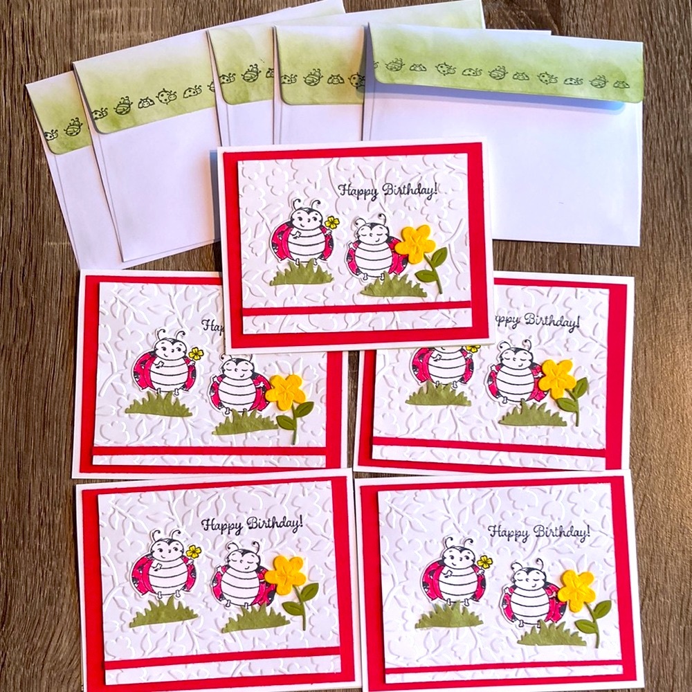 HandCrafted 5 pk Lady Bug Happy Birthday! Holiday Cards Blank Inside Envelope
